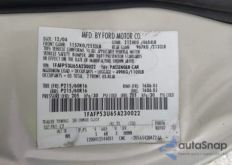 2005 Ford Taurus Se z USA, uszkodzony, nr VIN 1FAFP53U65A230022